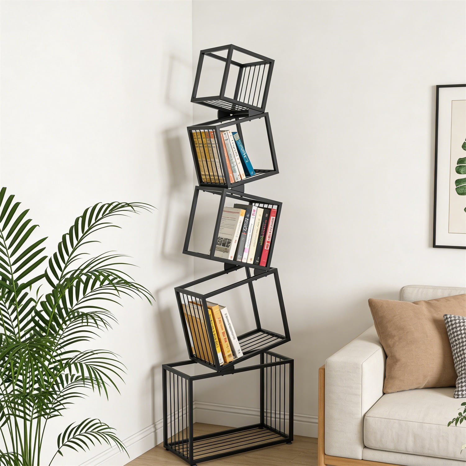 Hommoo Modern Metal Geometric Bookshelf, Modern Narrow Floor Bookcase Storage Organizer for Living Room, Bedroom, Office, Black