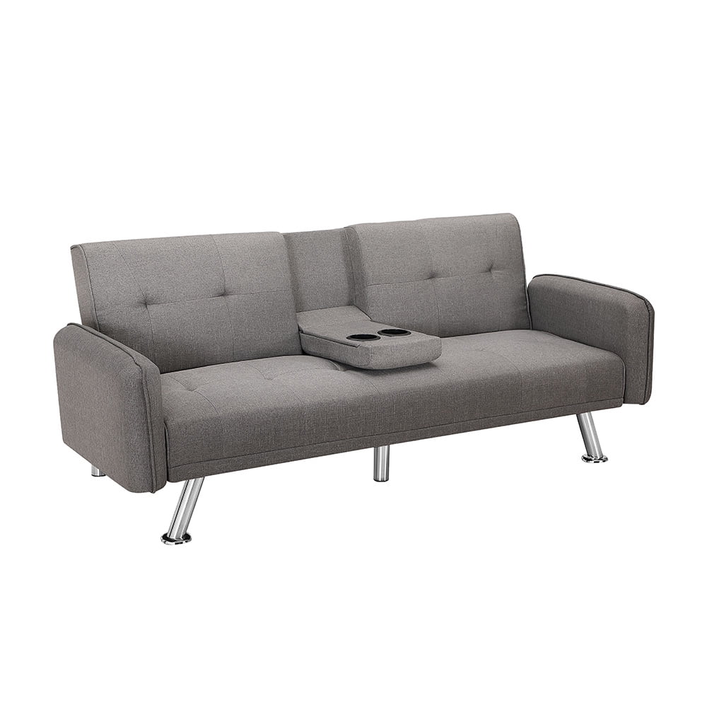 Kepooman Modern Futon Sofa Bed w/Armres and 2 Cup Holders for Small Spaces Living Room Bedroom, Light Gray Kepooman Modern Futon Sofa Bed w/Armres and 2 Cup Holders for Small Spaces Living Room Bedroom, Light Gray