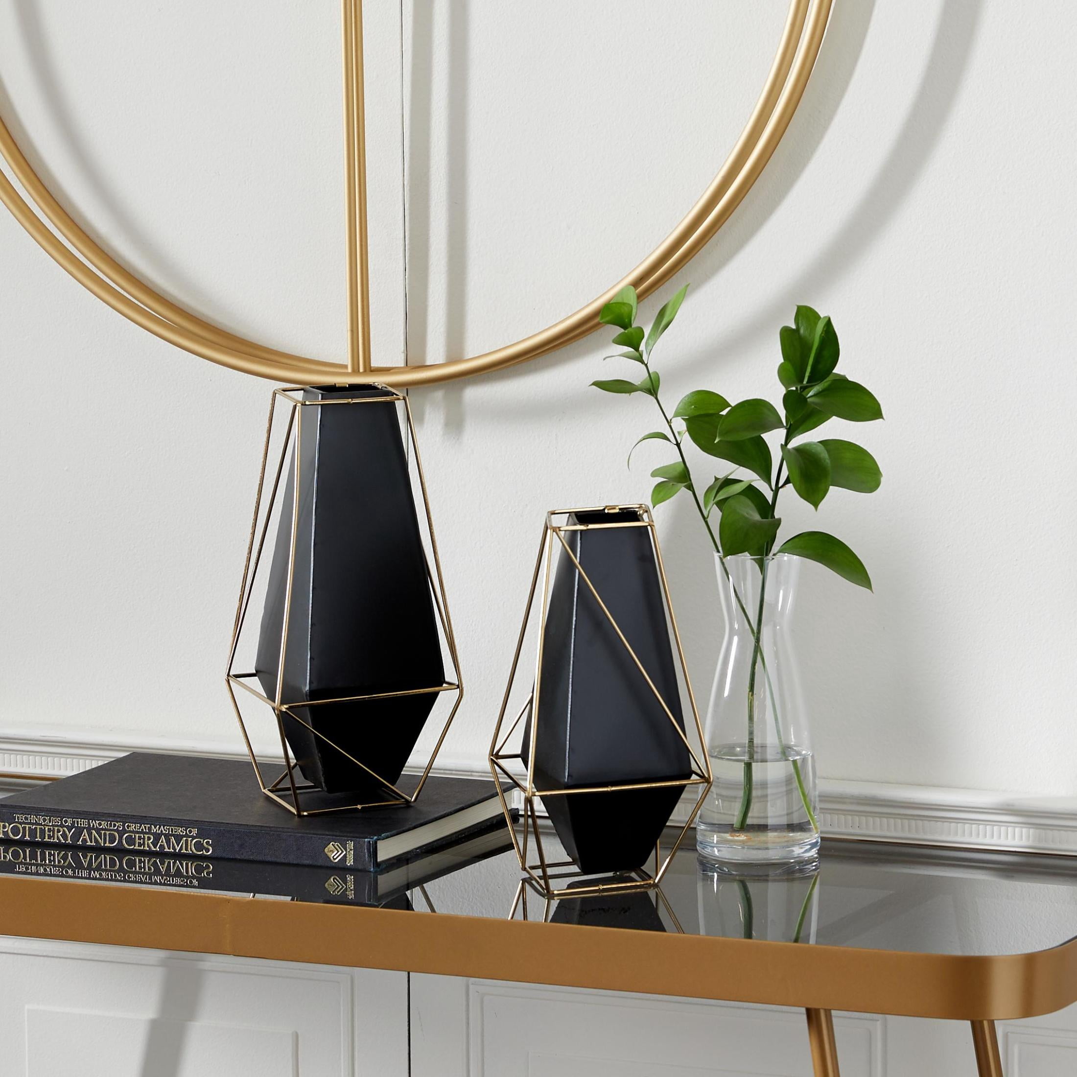 DecMode 11", 9"H Geometric Black Metal Vase with Gold Wire Accents, Set of 2