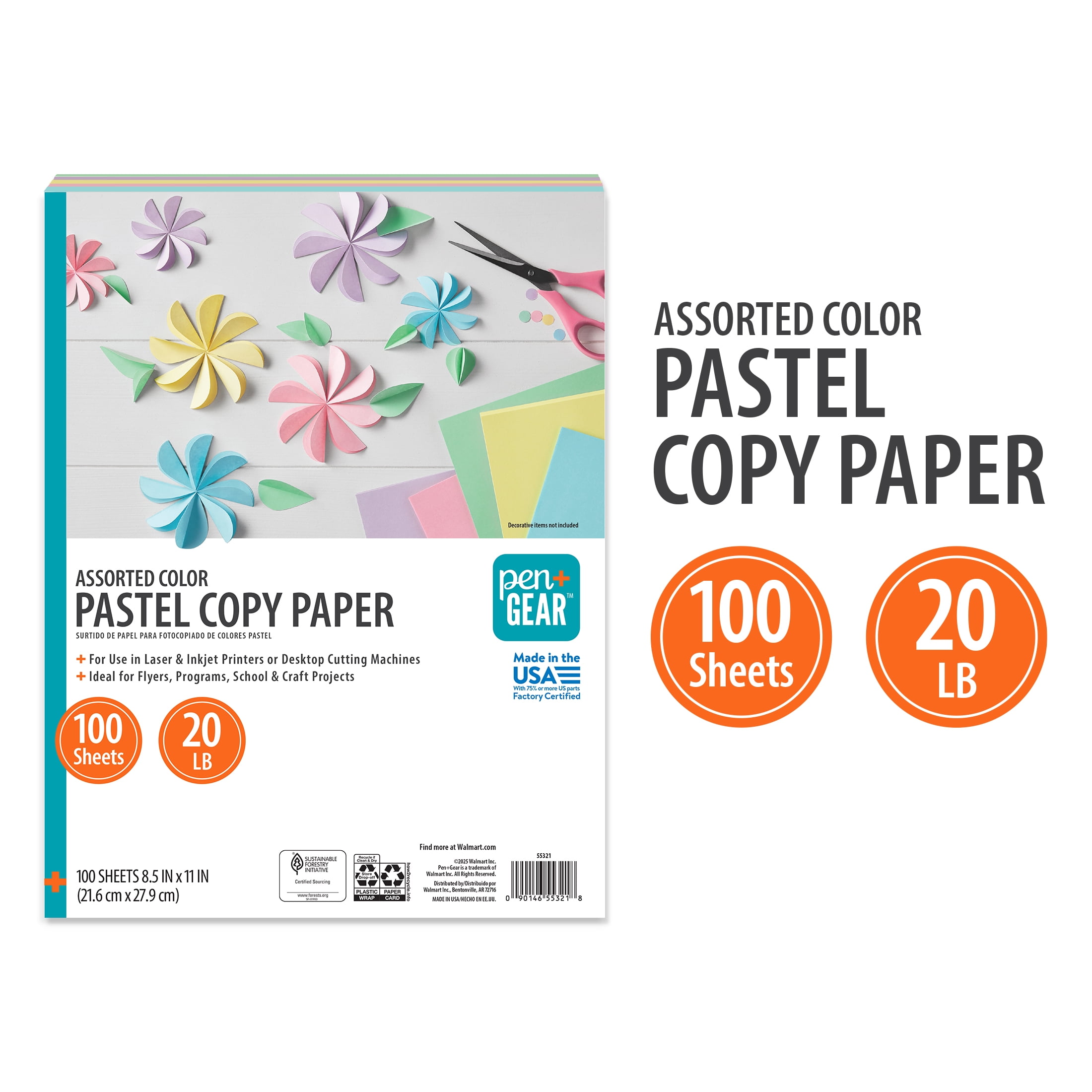 Pen+Gear Assorted Pastel Copy Paper, 8.5" x 11", 20 lb, 100 Sheets