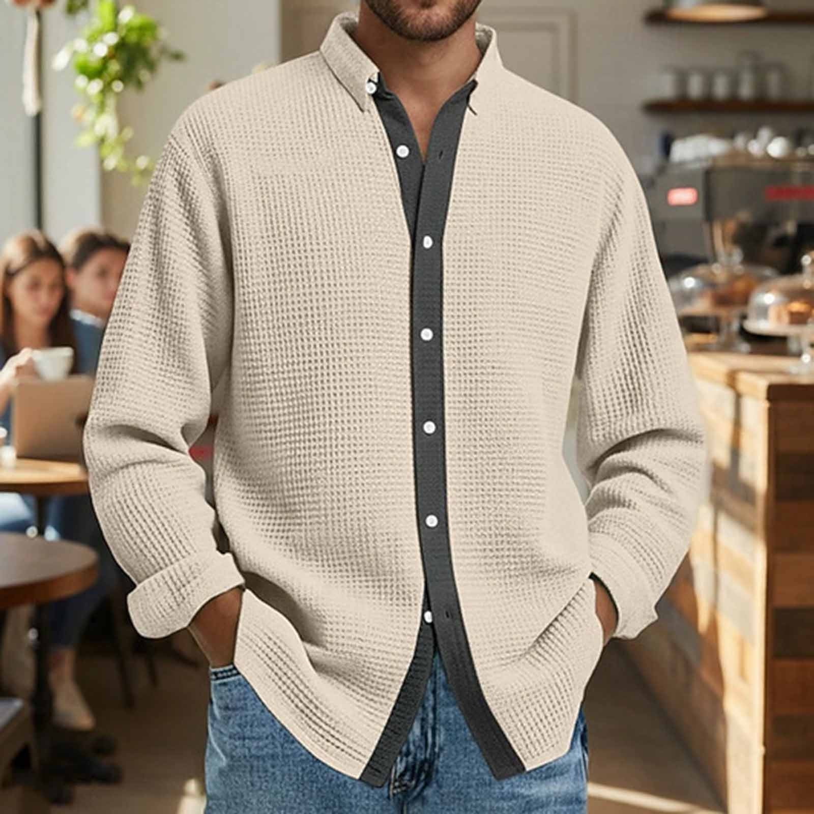 Long Sleeve Shirts for Men, Men's Button Down Waffle Textured Shirt Casual Long Sleeve Lapel Neck Wrinkle Free Untucked Shirts Fashion Clothes