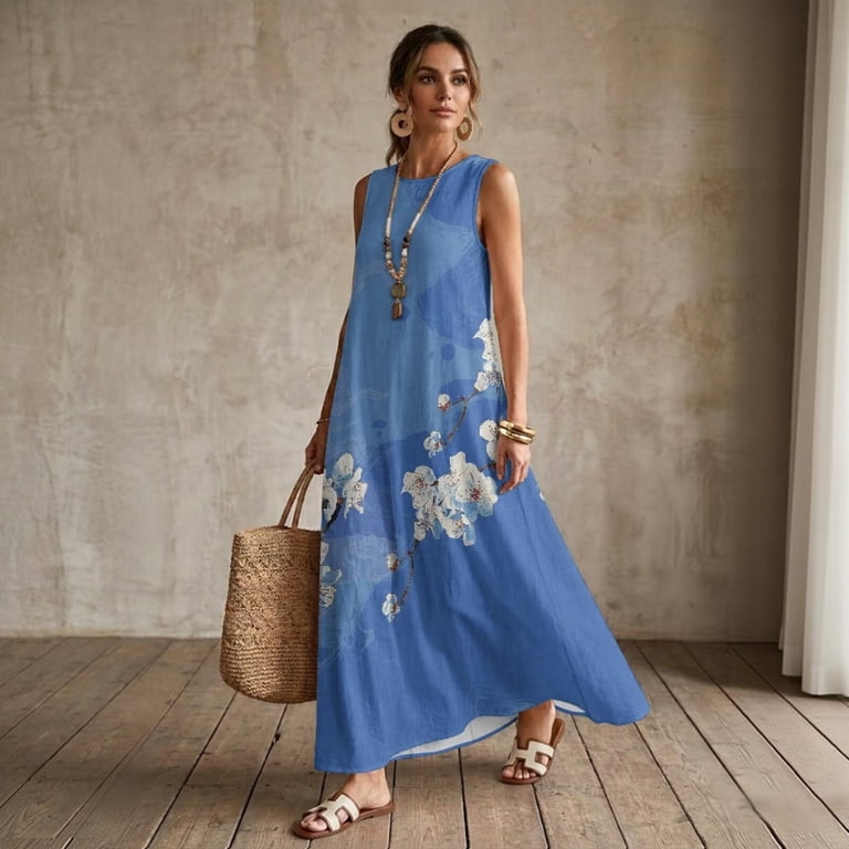 blue cherry blossom dress Jiueut Print Sleeveless Maxi for Women Maxi Summer Casual Long Dress Beach Vacation Clothes Crewneck Resort Wear with Pockets Tropical Travel, M Color:NAVY MULTI Black Gothic Mermaid Wedding Besides our fabulous designs july26_bogo50