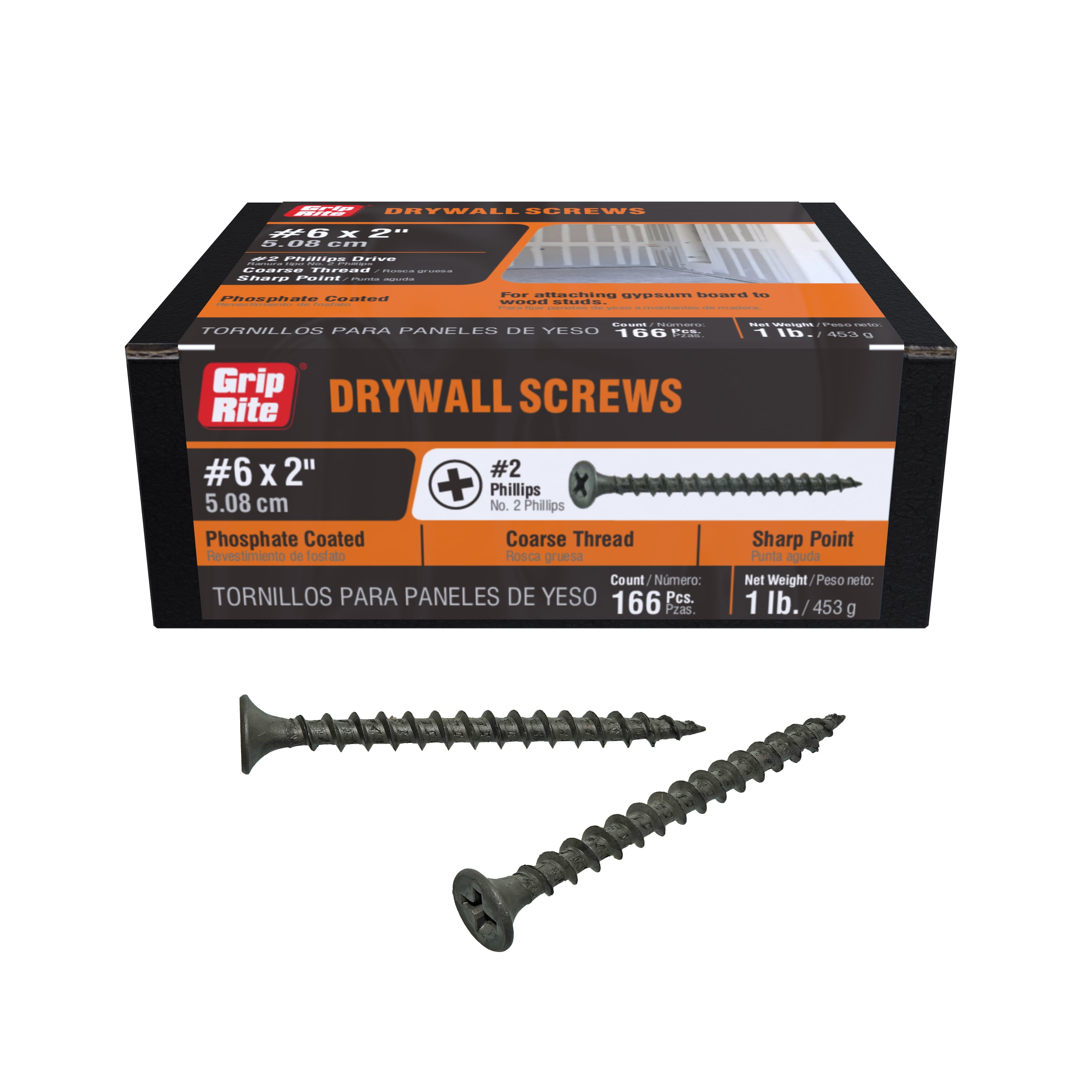 (3 pack) Grip-Rite #6 x 2 in. Phillips Bugle-Head Coarse Thread Sharp Point Drywall to Wood Screw 1 lb.