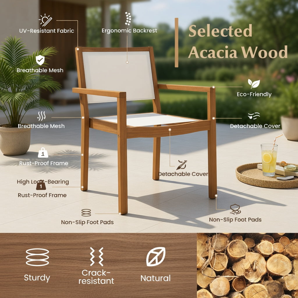 Hommoo 2-Pack Stackable Outdoor Dining Chairs with Acacia Wood Frame & Weather-Resistant Fabric, Ergonomic Design for Patio, Deck, Balcony, White+Natural