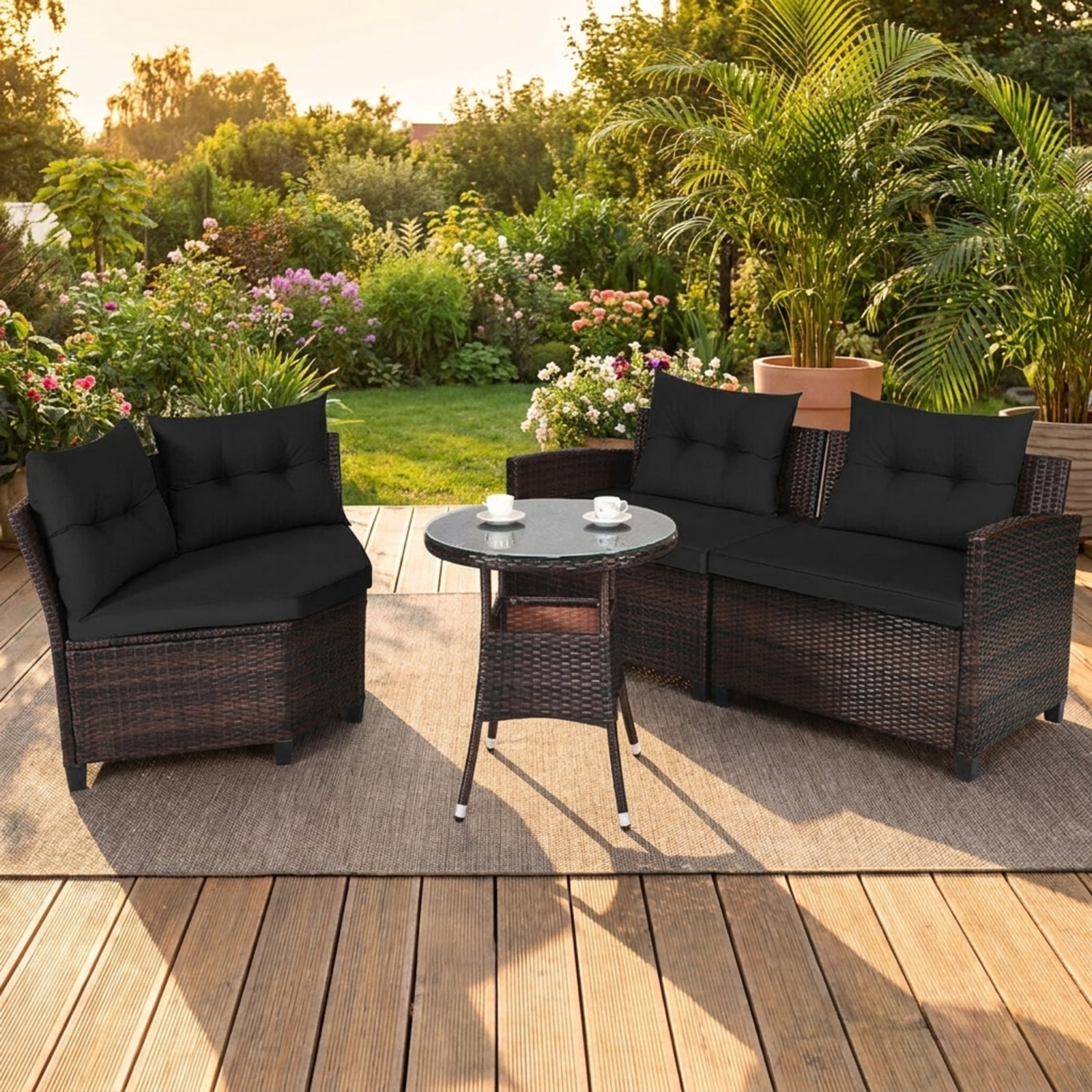 Furnibear 4 Pieces Outdoor Cushioned Rattan Furniture Set Patio Conversation Set with Loveseat Two Armchairs and Table for Backyard, Black