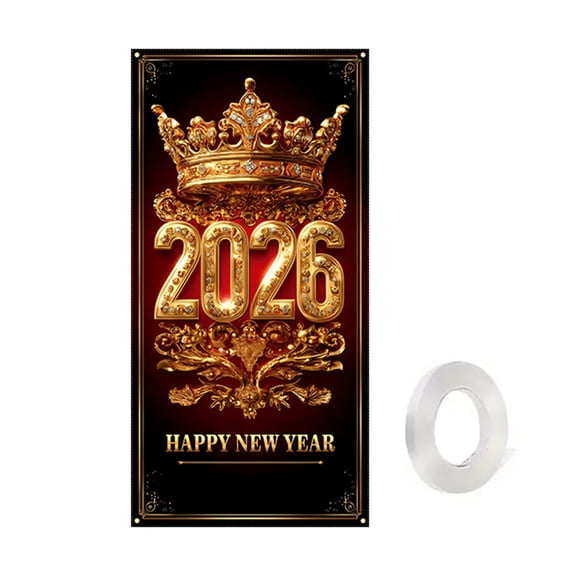 Happy New Year 2026 Door Cover, Large 2026 NYE Front Door Banner New Year Eve Party Backdrop Decoration for Indoor Outdoor Festive NYE Hanging Sign