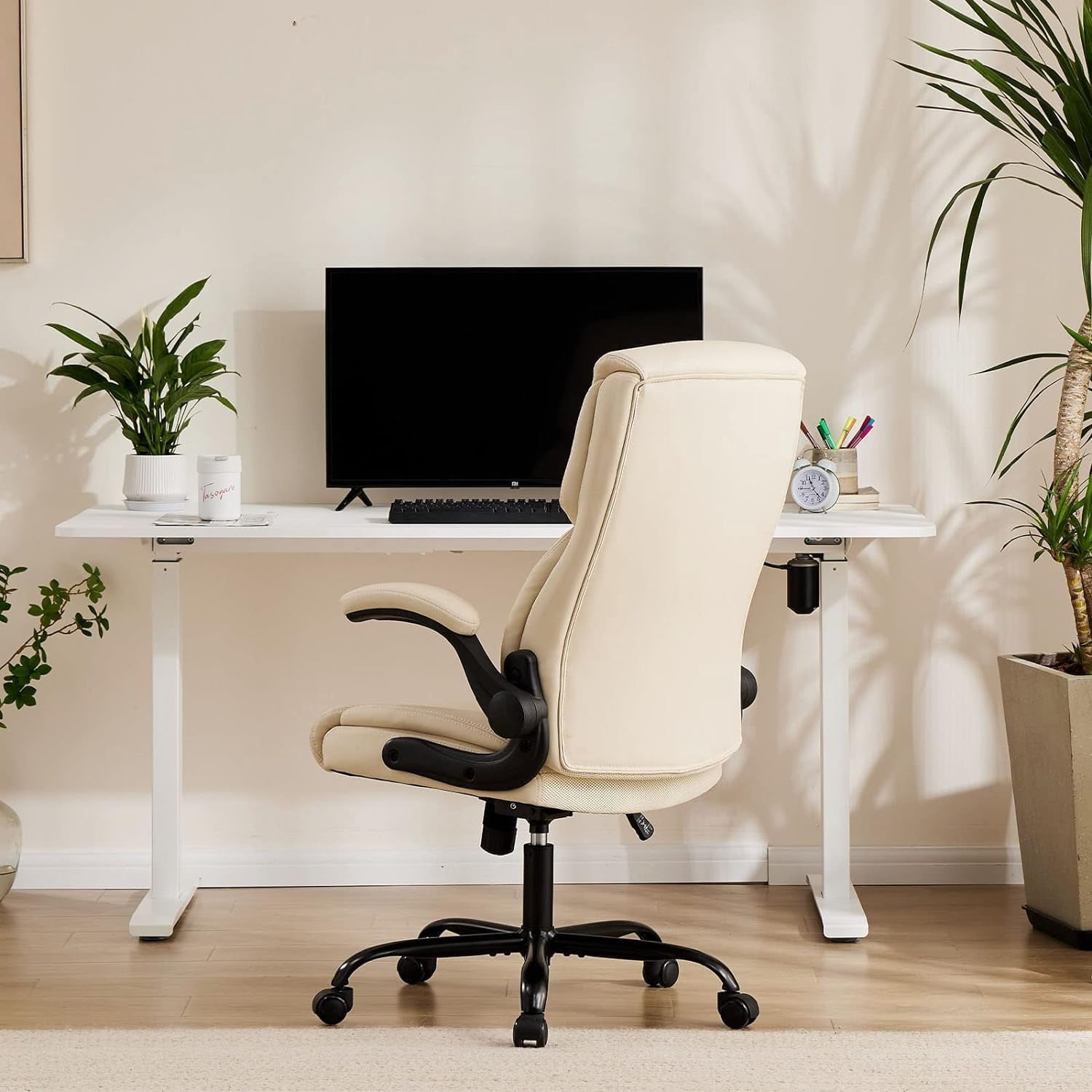 Ergonomic Office Chair, High Back Executive Desk Chair with Lumbar Support, Adjustable PU Leather Computer Chair with Flip-up Arms, Swivel Rolling Wheels Chair for Home and Office Use