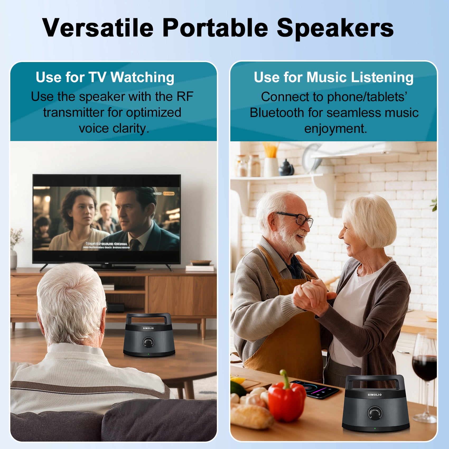 Simolio Portable Wireless TV Speakers with Voice Highlighting, 100ft Range, Optical/RCA/AUX, Extra Headset & 2 Adapters, Black, SM-621D-W (New)