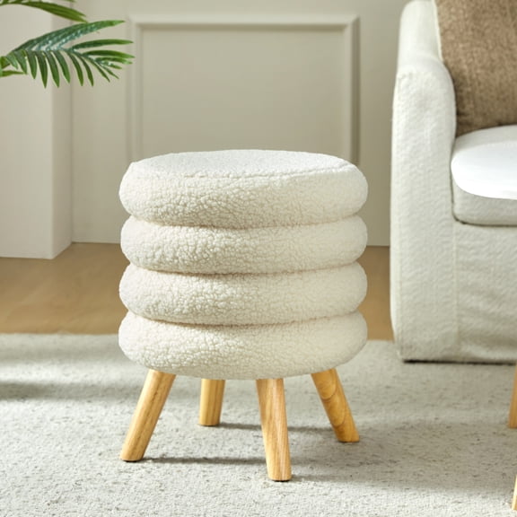 Modern Pouf Ottoman Wooden 4 Legs Plush Makeup Vanity Stool Footrest Coffe Table Home Living Room Bedroom Ivory