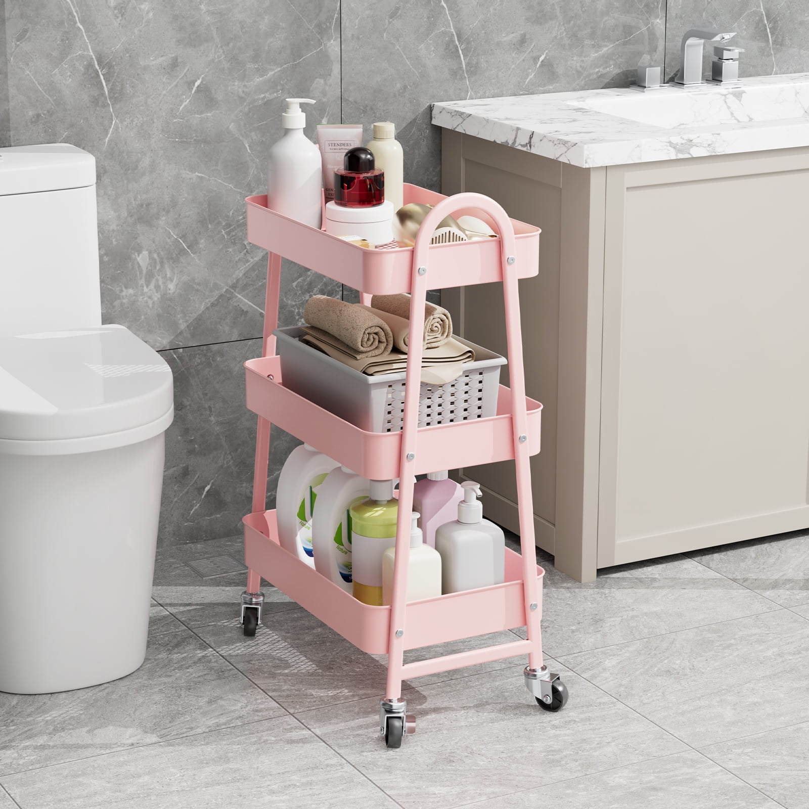 GIANNA 3 Tier Rolling Cart Organizer, Plastic Rolling Cart with Lockable Wheels & Reinforced Handle, Lightweight Utility Cart Storage Cart for Nursery, Kitchen, Bathroom, Craft Room