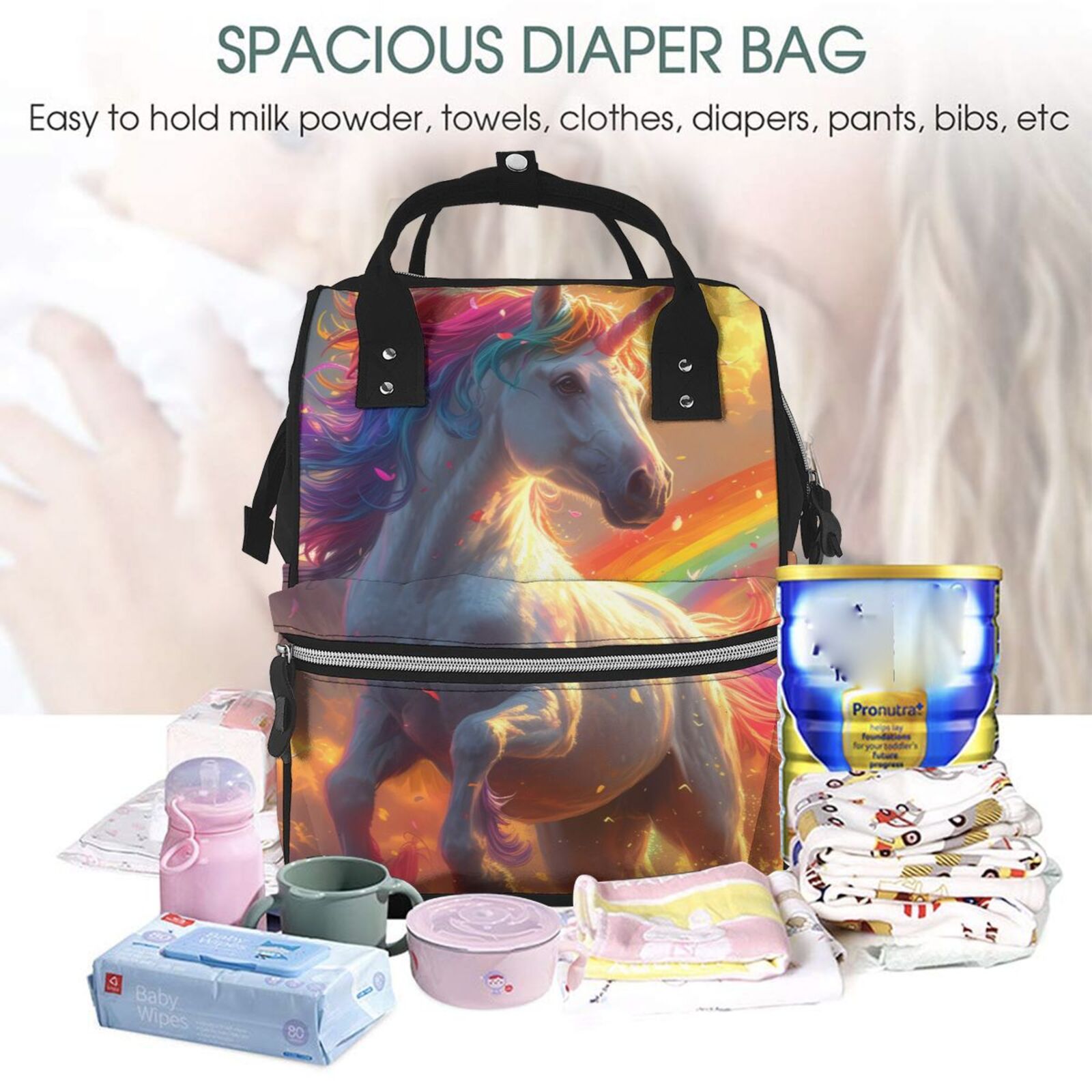 Fuzoiu Rainbow Sunset Cloud White Horse Print Diaper Bag Backpack,Baby Essentials Travel Tote,Multi function Waterproof Diaper Bag, Travel Essentials Baby Bag - Unisex