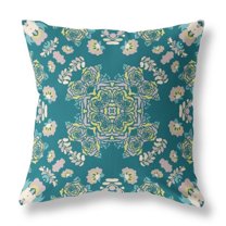 Rose Wreath Indoor/Outdoor Pillow with Removable Cover in Green Yellow 18x18