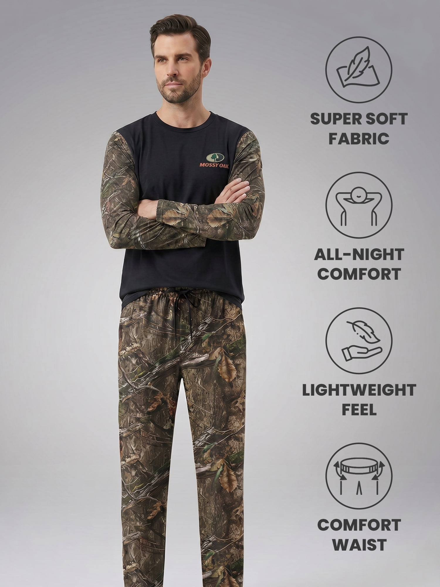 Mossy Oak Men's Pajamas 2-Piece Super Soft Long Sleeve Top and Pant Set, Camo Black, XL