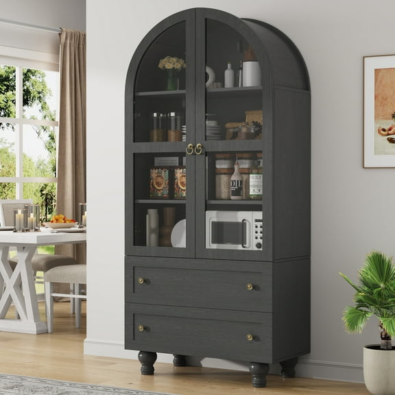 IDEALSOUL Arched Kitchen Pantry Cabinet, 71" Tall Wood Storage Cabinet with 2 Glass Doors, 4 Shelves and 2 Drawers, Food Cabinet for Kitchen, Living Room, Bedroom(Black)