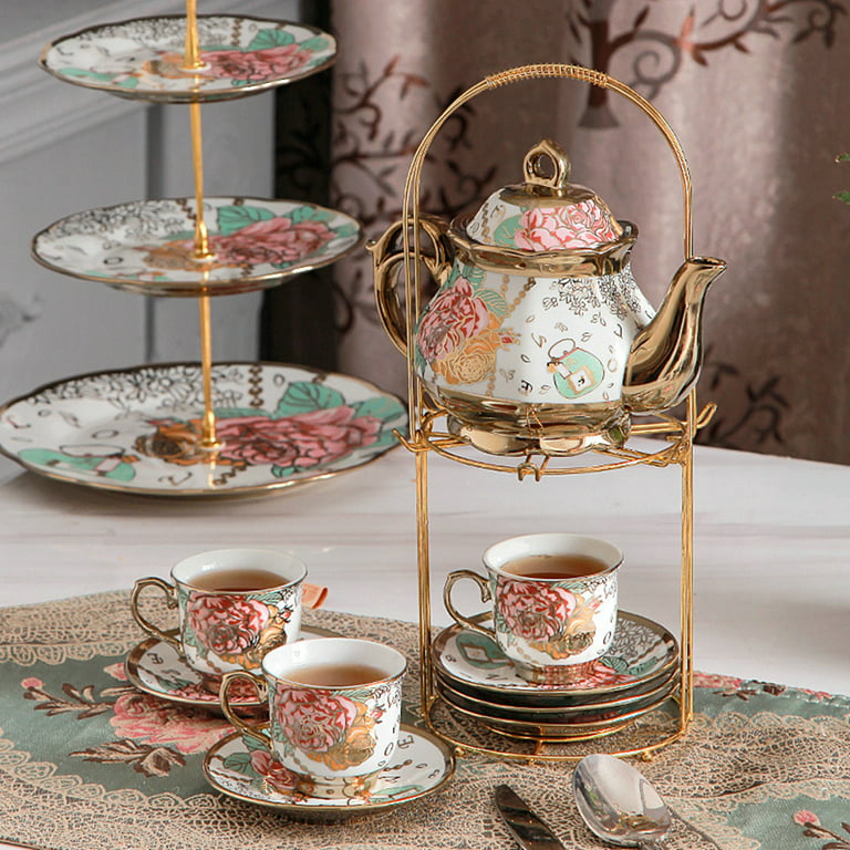20 Pieces Tea Set Pot 6 Cups Saucers Rack Coffee Gold Cups Porcelain Gift  Party