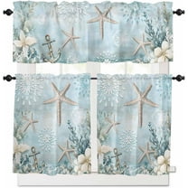 Teal Ocean Coastal Kitchen Curtains, Summer Beach 3-Piece Kitchen Curtain Valance and Tiers Set 24 Inch Length, Nautical Coral Starfish Rod Pocket Half Window Curtains for Cafe Living Room Bathroom
