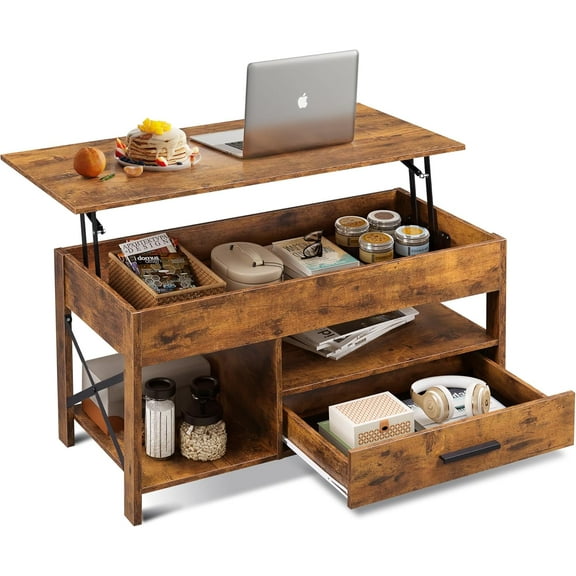 YEXJ Coffee Table, 39" Lift Top Coffee Table with Hidden Compartment, Storage Drawers and Storage Shelf for Living Room, Reception Room, Rustic Brown