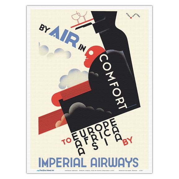 Europe Africa Asia - By Air in Comfort - Imperial Airways - Vintage Airline Travel Poster by Steph Cavallero c.1937 - Master Art Print (Unframed) 9in x 12in