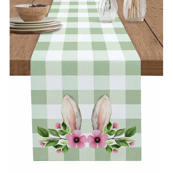 Sage Green Plaid Table Runner 72 Inches, Easter Bed Runner Dresser Scarves Tabletop for Indoor Outdoor Parties/Ceremony/Banquet, 14" x 72"