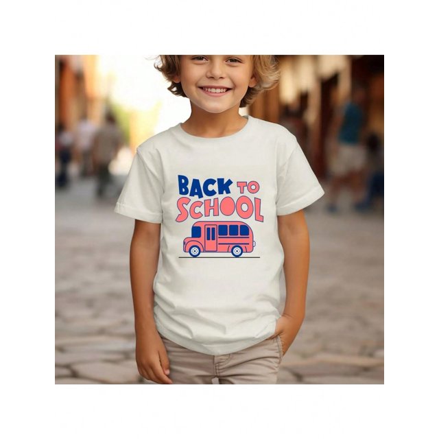 Boys' Back-To-School Pattern T-Shirt - Stretch Regular Short Sleeve T-Shirt With School Bus And Letter Print, Crew Neck Casual Top, Machine Washed Summer And Year-Round T-Shirts,'S Play Clothing