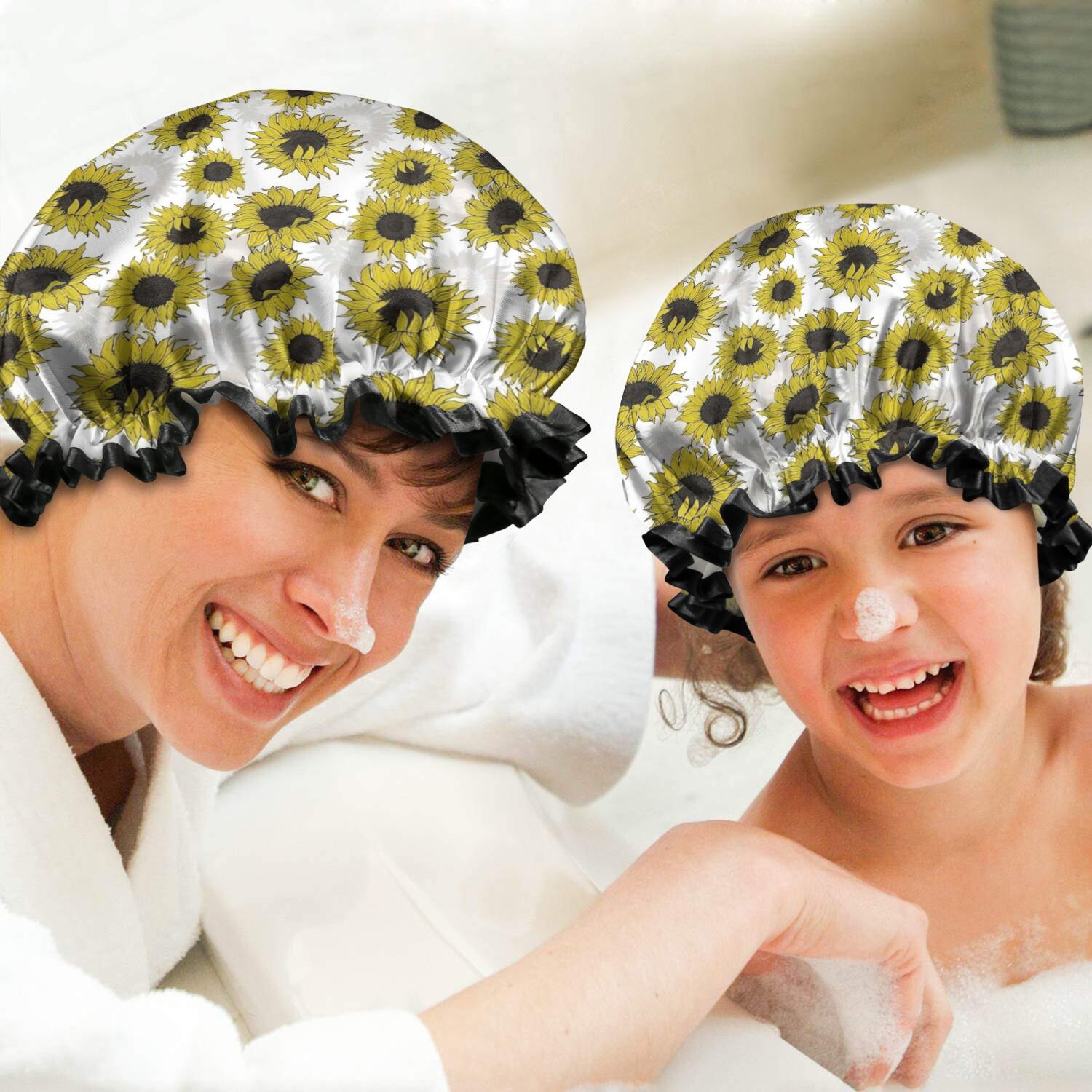 Shower Caps,White Sunflower Pattern Waterproof Shower Cap for Women 4 Pieces,Double Reusable Hair Cover for Shower PEVA Elastic Stretch Hem