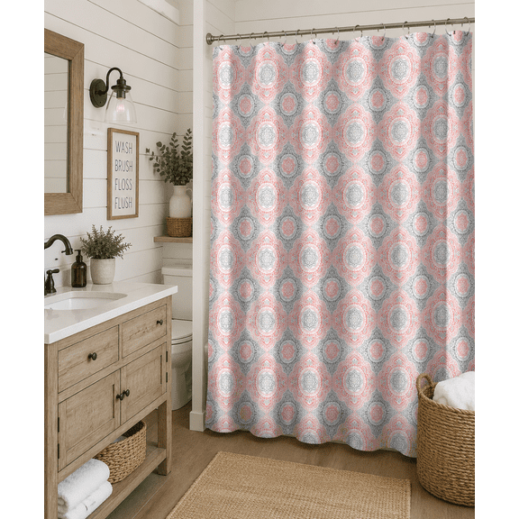 Serafina Home Coral, White And Grey Fabric Shower Curtain: Ornate Medallion Design