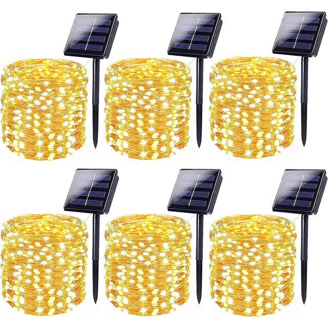 6-Pack 600 LED Solar String Lights Outdoor, Solar Powered Copper Wire Waterproof Solar Fairy Lights with 8 Modes, Solar Twinkle Lights for Tree Wedding Party Garden Patio Decorations(Warm White)