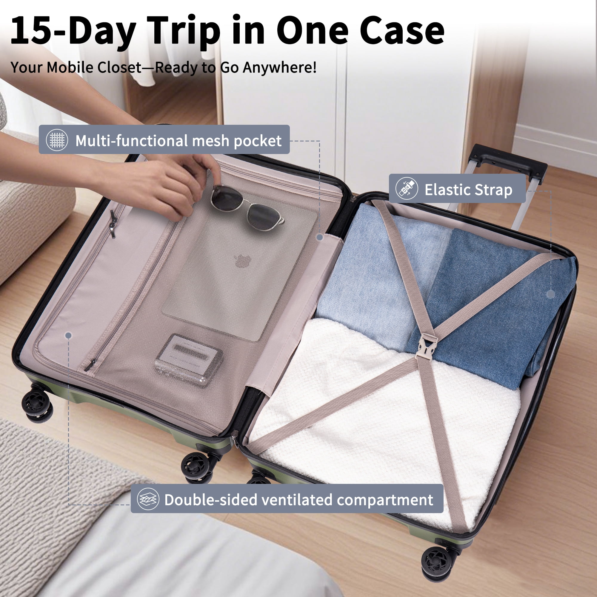 Concepten 5-Piece Hardside Luggage Set, Lightweight Suitcase with TSA Lock & Silent Spinner Wheels, 20 inch aviation approval carry on Luggage，24/28 Inch Rolling Suitcases for Family Travel