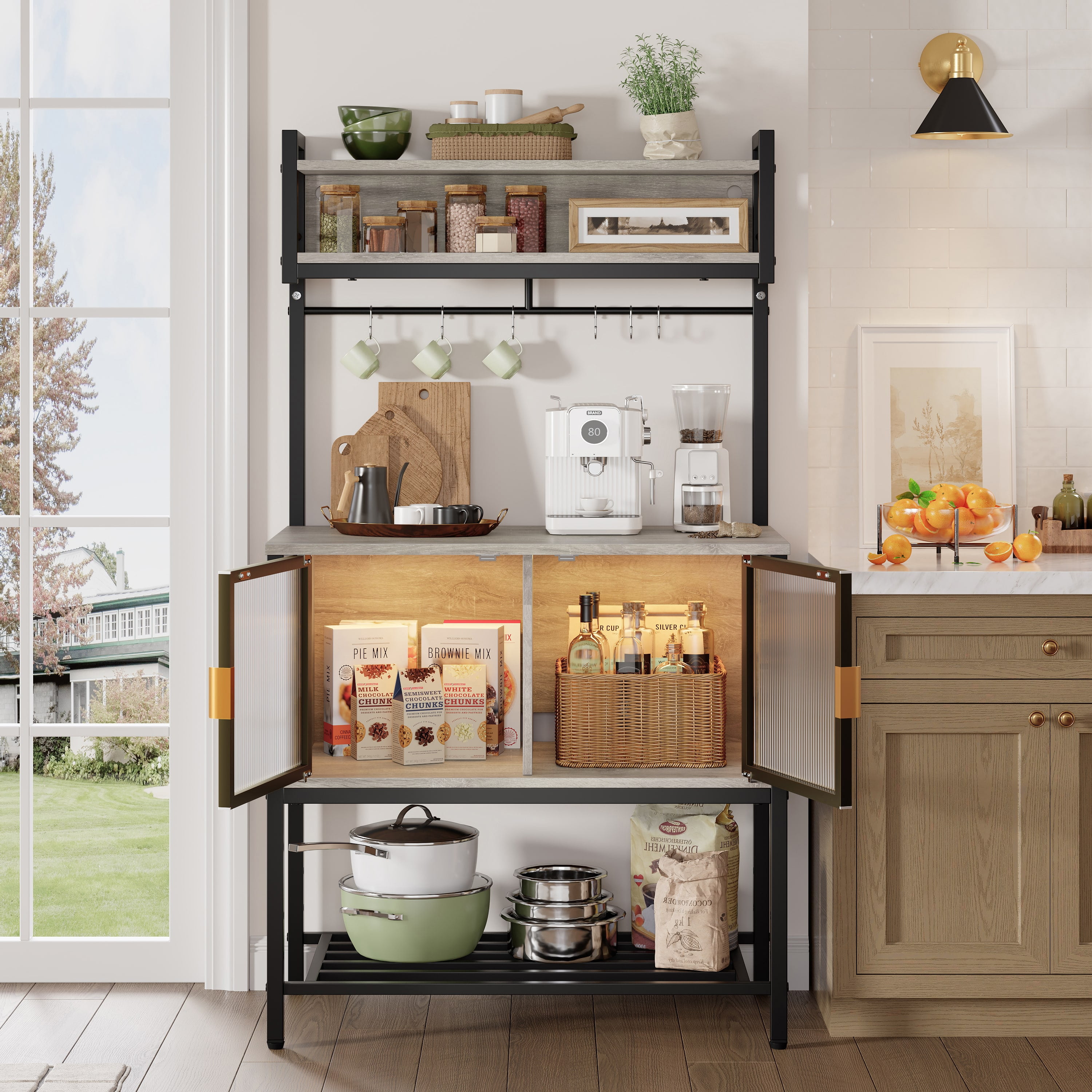 Bestier 59" Coffee Bar Station with Cabinets,  5-Tier Microwave Stand with Storage & LED Lights, Kitchen Bakers Rack in Grey