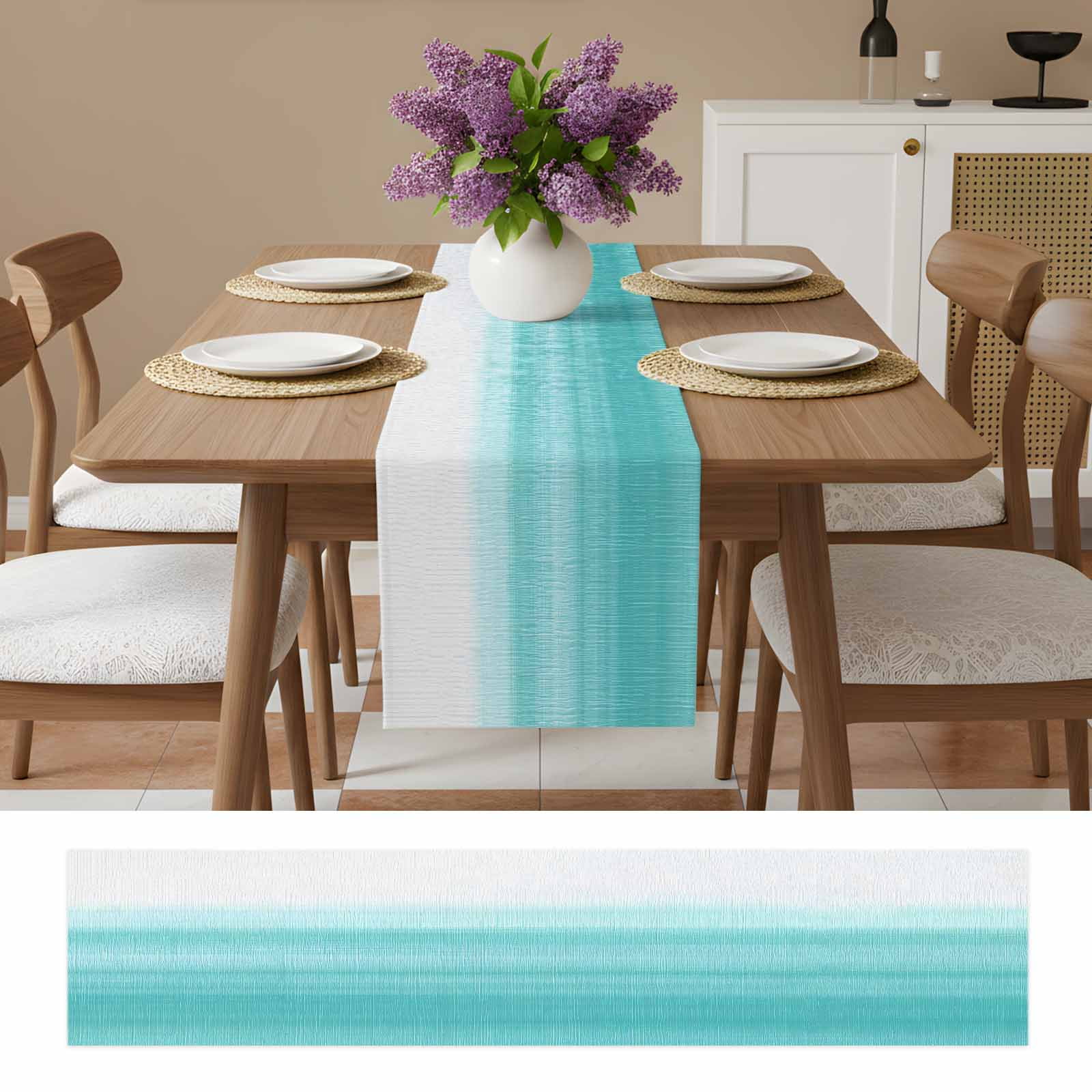 Aqua White Ombre Table Runner, Chic Modern Funny Abstract Striped Art Washable Cotton Linen Table Runners 48 Inches Long, Dresser Scarf Runner for Nightstand/Coffee/End Tables 13''x48''