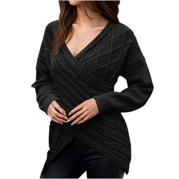 Drses Womens Casual V Neck Long Sleeve Sweaters Cross Wrap Front Cable Knit Pullover Sweater Jumper Tops
