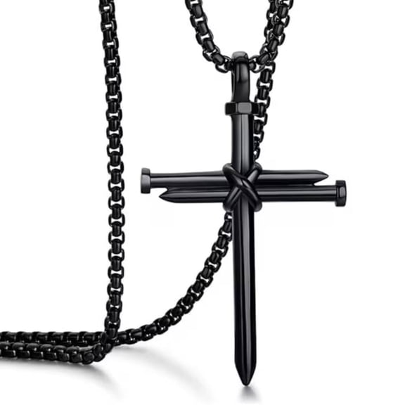 Men's Stainless Steel Nail Cross Pendant Necklace with 24 INCH Chain Polished Black
