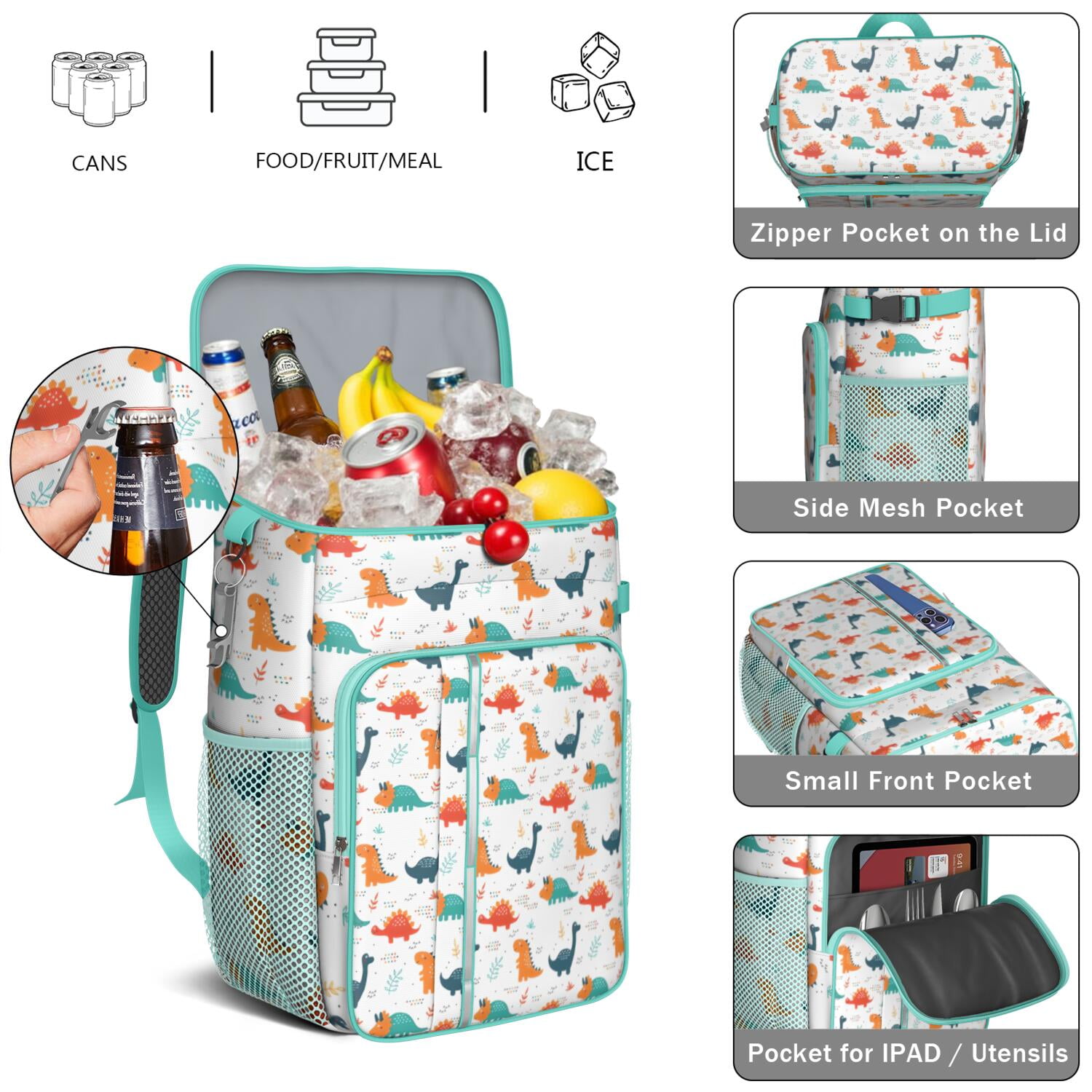 Travel Cooler Bag - White Cartoon Dinosaurs Pattern Camping Beer Cooler Backpack with Bottle Opener- Waterproof Insulated Picnic Backpacks - Cooler Bag for Beach
