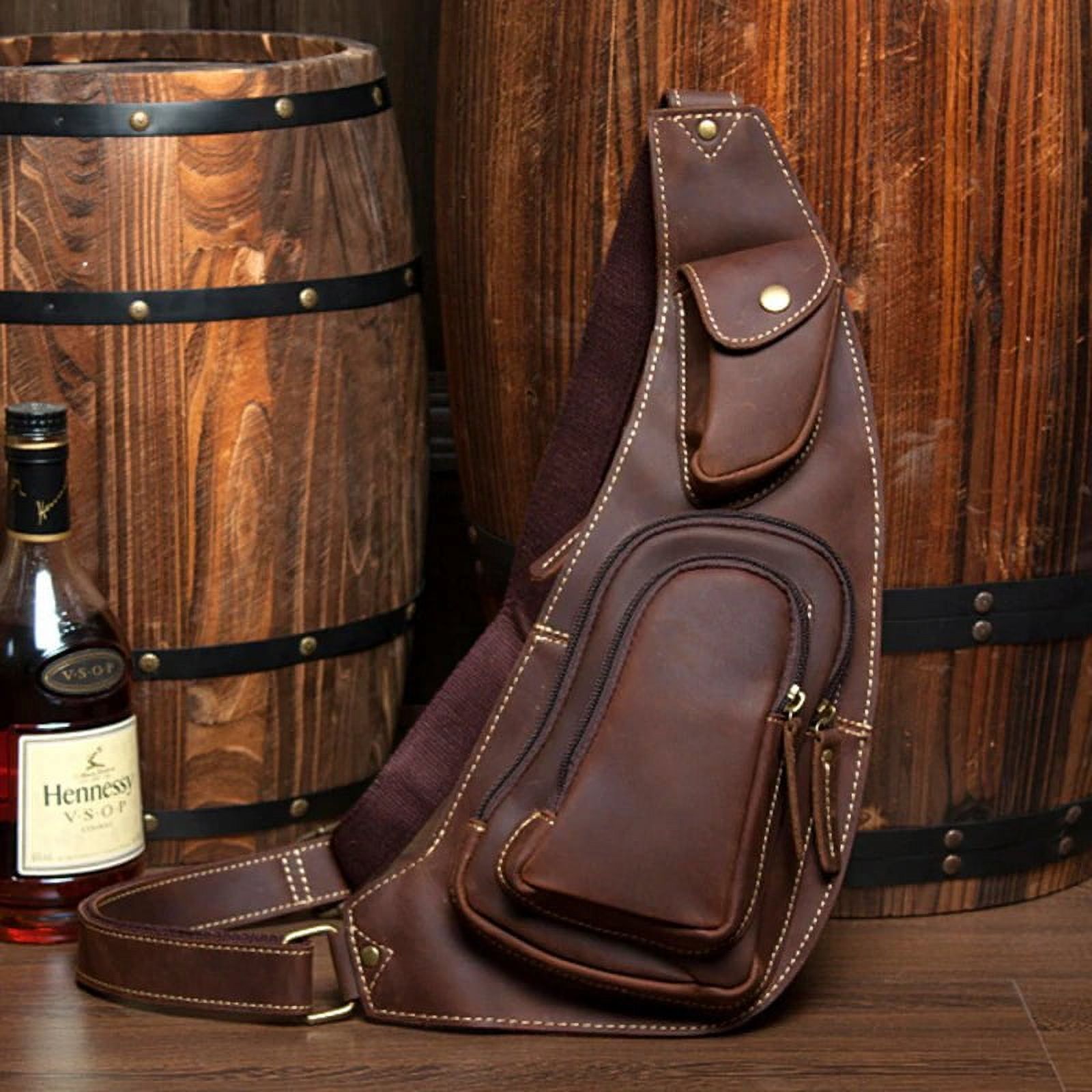 Men's Leather Sling Bag - Genuine Natural Leather Chest Pack with Multiple Pockets, Adjustable Strap - Stylish and Lightweight Crossbody for Phone, Wallet, and Essentials - 6.3"x11.8"x2.4"