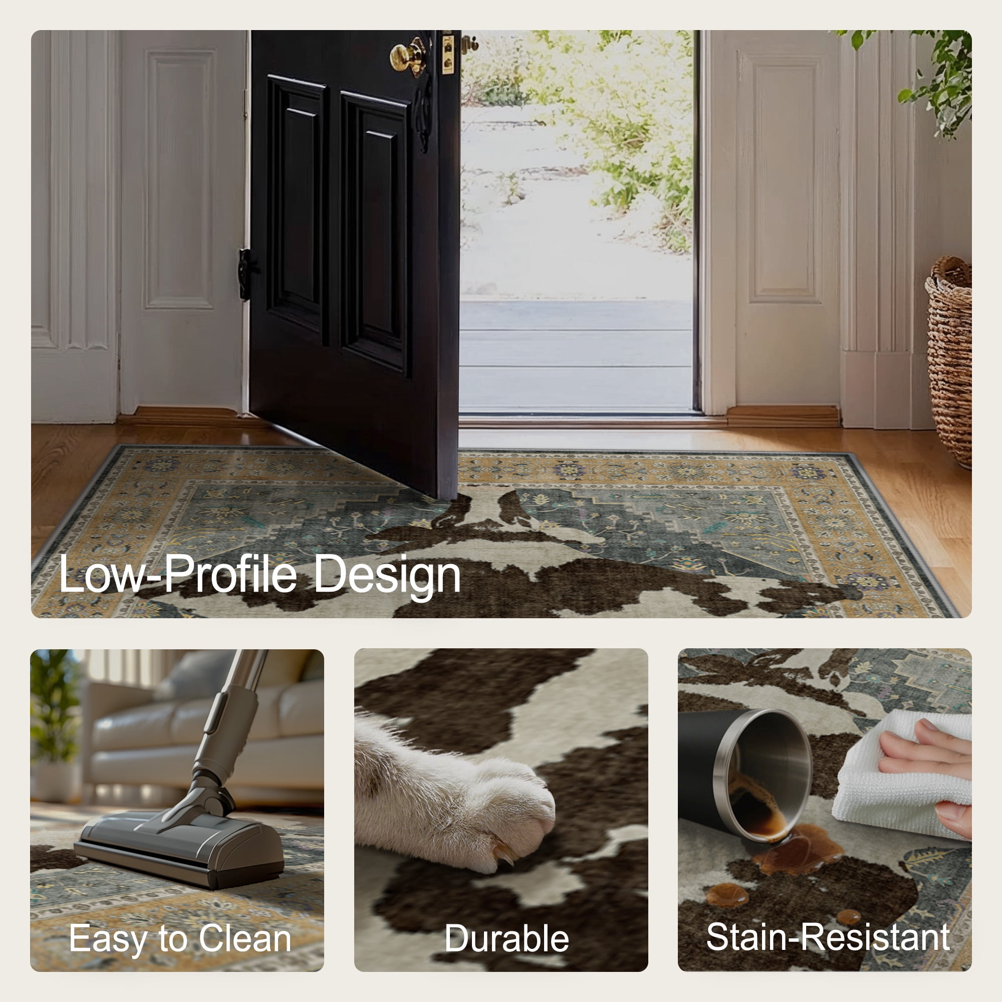 KUETH 3'x5' Cow Area Rugs for Living Room, Non Slip Machine Washable Vintage Boho Rug, Low Pile Print Rug for Bedroom Dining Room Home Office