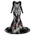 thumbnail image 4 of Xijirk Women Halloween Skull Rose Embroidered Maxi Dress Long Sleeve Round Neck Velvet Trailing Hem Outfit for Cosplay Party Festival Casual Gathering Wear,M, 4 of 4