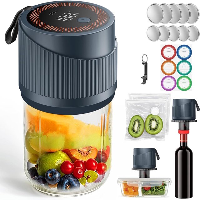 Electric Mason Jar Vacuum Sealer Kit, CooAoo 4 in 1 Vacuum Sealer for Wide and Regular Mouth Mason Jars, Automatic Stop Mason Jar Sealer for Vacuum Bags Containers Jars Wine Bottle,Blue