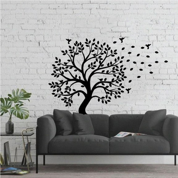 Nice Fall Tree Silhouette Tree Leaves Falling Wind Birds Peaceful Vinyl Wall Art Wall Sticker Wall Decal Decoration For Home Room Kids Room Nursery Room Girls Boys Décor Design Size (10x10 inch)