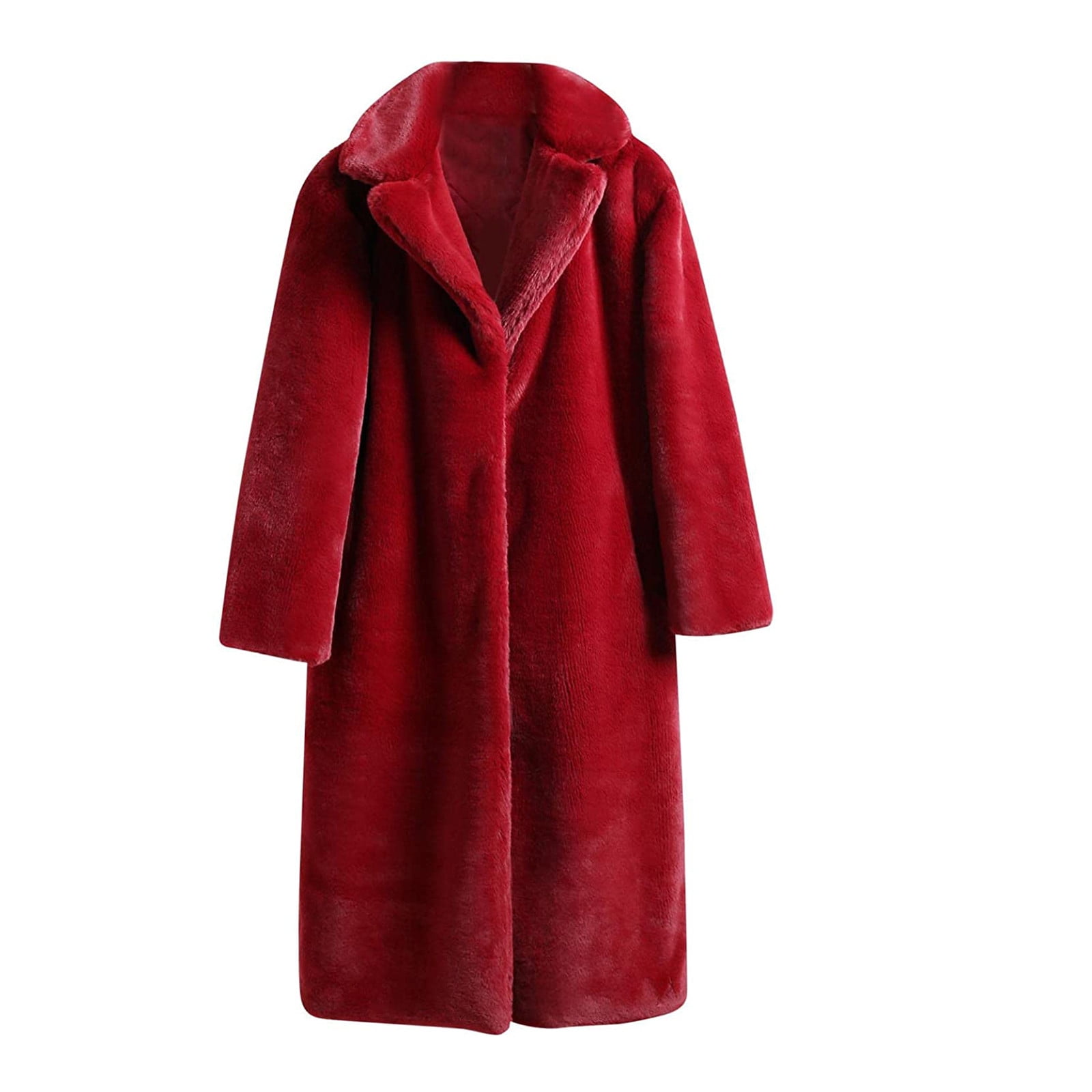 BiZtdJrK Daily Sales Womens Faux Fur Coat Winter Warm Thickened Trench Coats Plush Open Front Fleece Cardigan Jackets Solid Color Long Overcoat Red L