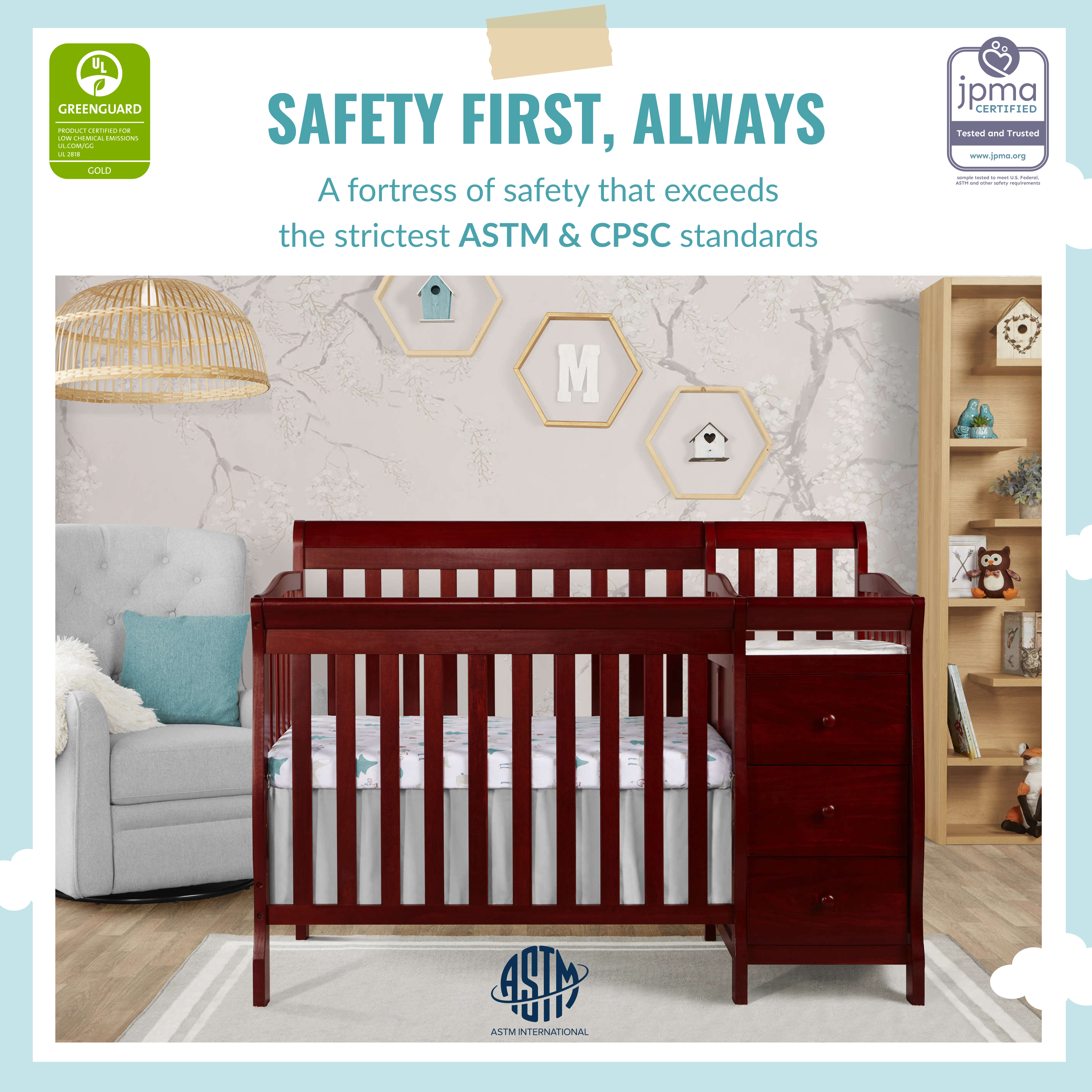 Dream On Me Jayden 4-in-1 Convertible Mini Crib and Changer, Cherry - image 2 of 11