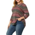 thumbnail image 4 of MODA NOVA Juniors Plus Size Stripe Knitted Boho 3/4 Sleeve V Neck Top 2X Red, 4 of 7