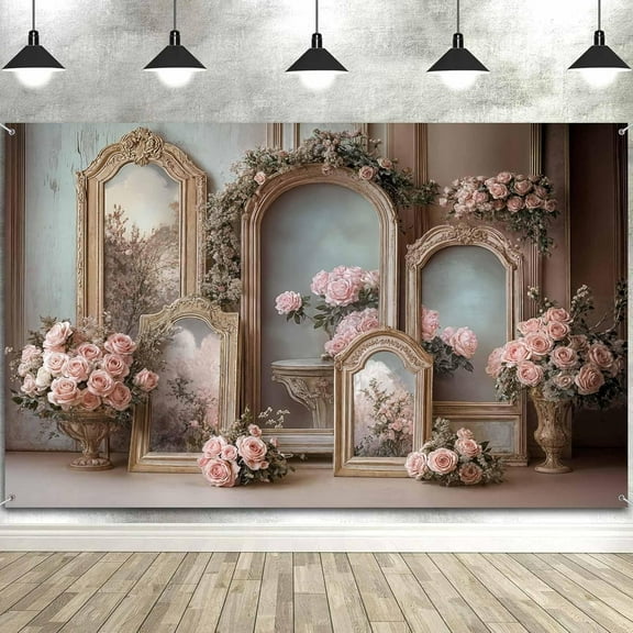 10 x 8 ft Pink Floral Photography Backdrop, Retro Oil Painting Flowers Photo Backdrop Dreamlike Wedding Portrait Photo Background Baby Shower Bridal Shower Birthday Party Background Banner Decor