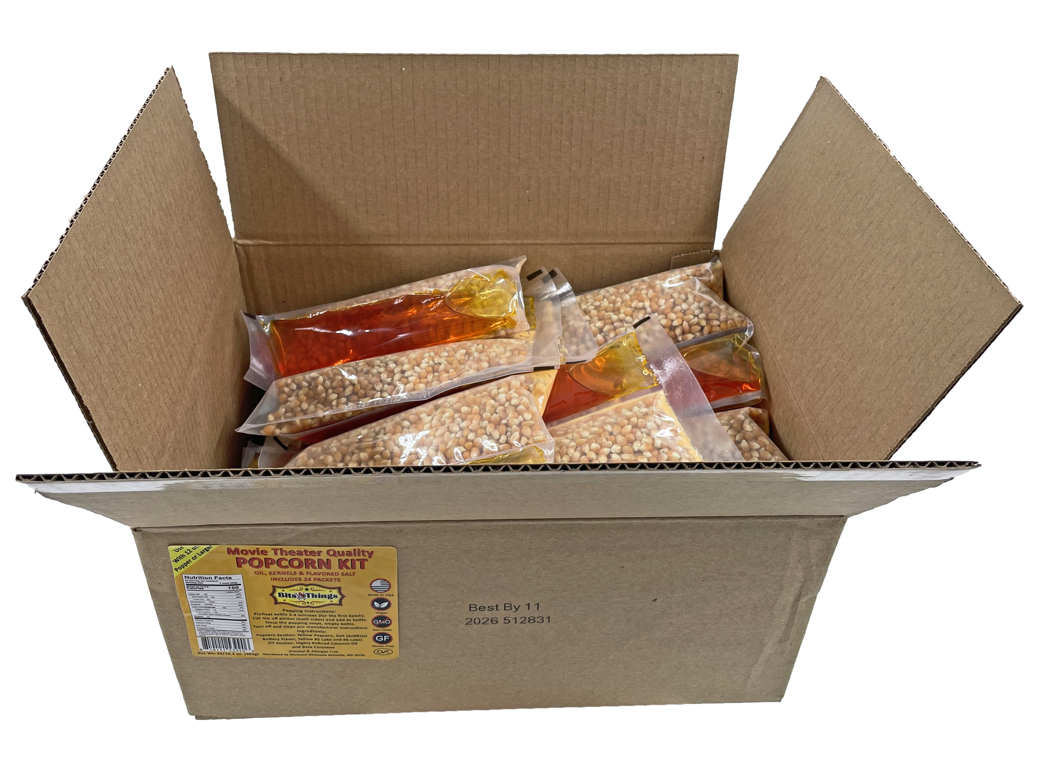 Home Theater All in One Popcorn Kit For 12 oz. Popper | Portion Packets with Kernels, Oil and Flavored Salt | By Bits N Things | Pack of 24