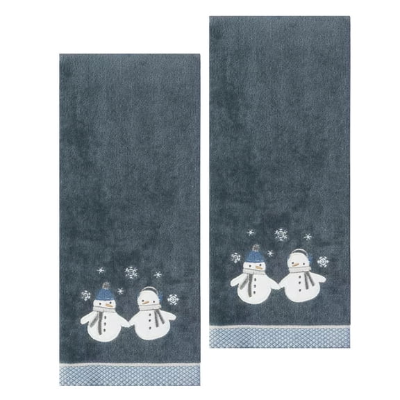 St. Nicholas Bath Hand Towels Snowman Couple Blue 16” x 25”, Cotton, 2 Piece Set