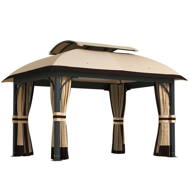 Outsunny Pavillon à Double Toit 11 Pieds x 13 Pieds avec Moustiquaire et Rideaux, Kaki