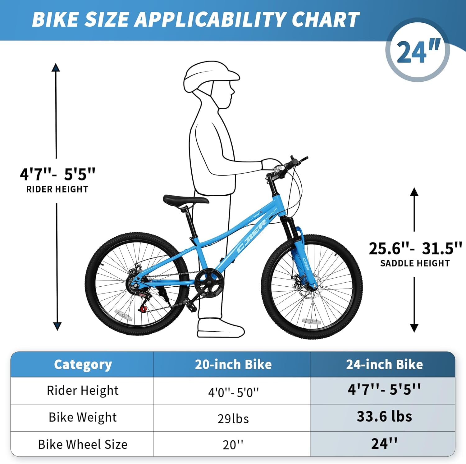 24 Inch Mountain Bike for Kids, Akaber Bicycles for Boys Girls 6-14 Years, 7 Speed Gears, Suspension Fork, Dual Disc Brakes, Anti-Slip Tires
