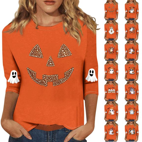 Trgacdwlo Halloween Pumpkin Shirts Women Funny Pumpkin Ghost Womens Crew Neck Shirts Funny Ghost Graphic Fall Womens Tunic Tops XXL