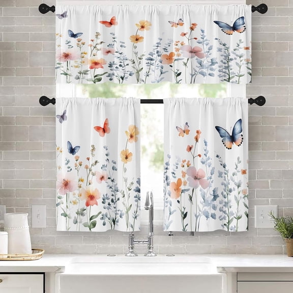 Window Valance for Windows, 52x39 Inch, 3 Pack, Wildflower | Butterflies Watercolor Spring Blooms Rod Pocket Cafe Curtain Drapes for Living Room Bedroom Bathroom Kitchen Over Sink Decor