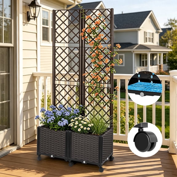 ROMUCHE Self Watering Trellis Planter Box with Wheels, 15Gallon Raised Garden Planter with Drainage Hole,Vertical Planter for Climbing Plants, Vegetables, Flowers, Balcony Patio Privacy