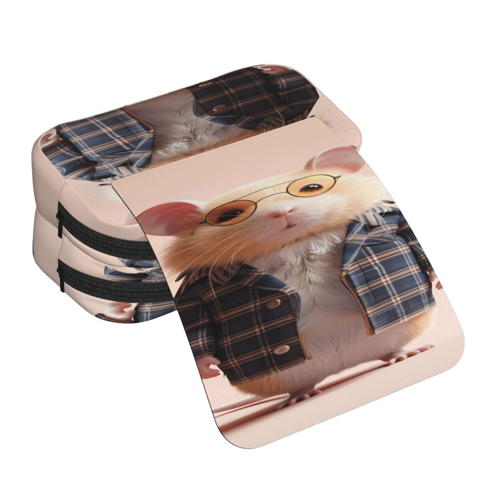 Rateoe Cute Mouse In Glasses Pattern Double Clamshell Pen Case, Storage Organizer with Two Zipper Compartments– Holds Up to 50 Pencils & Pens